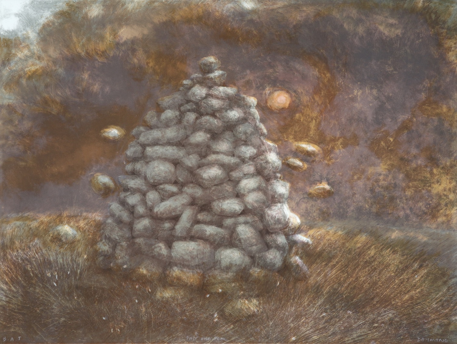 Lithograph of large cairn of rocks placed in a vast South African landscape