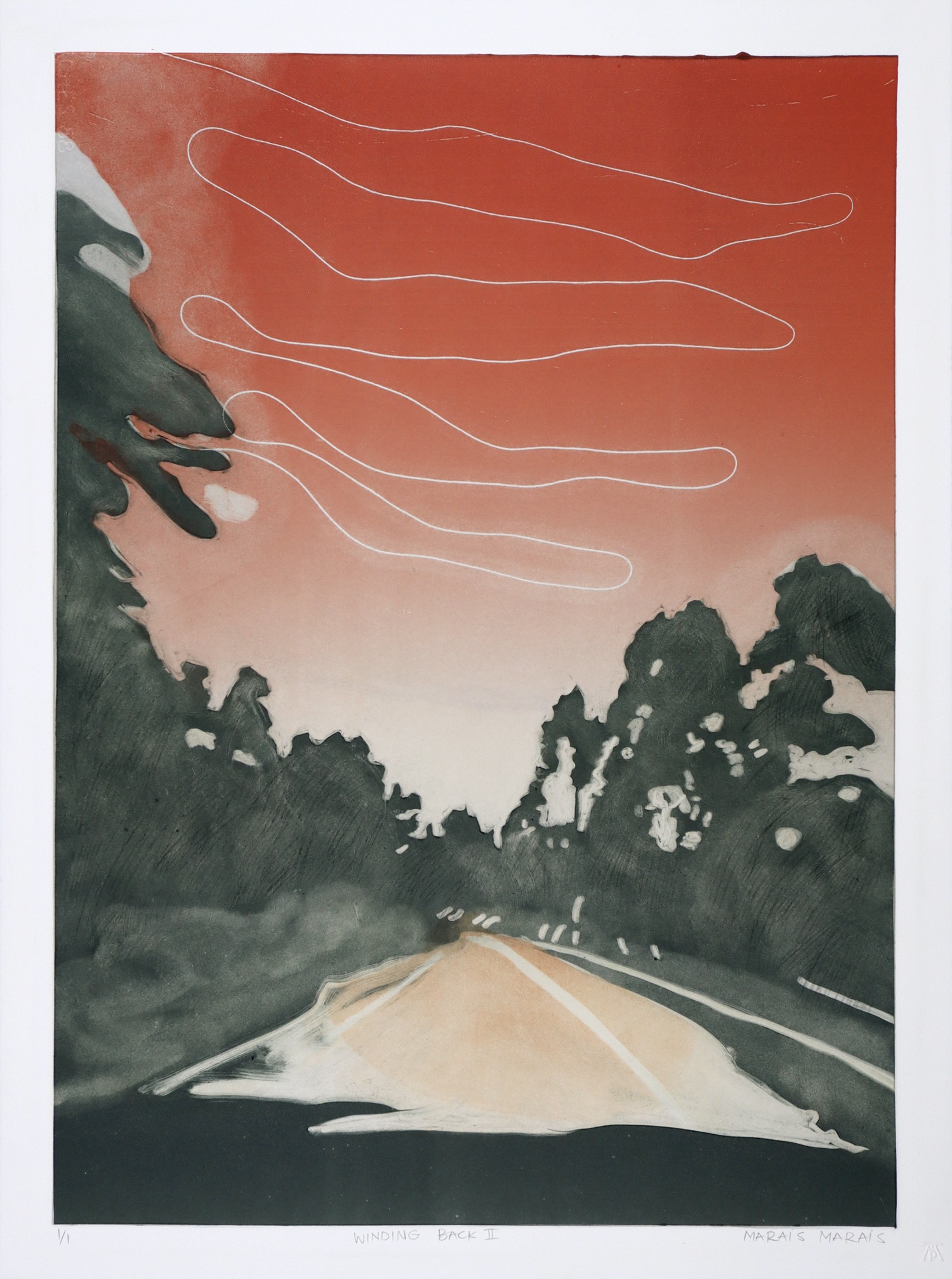 landscape with road in centre facing towards horizon with looming trees and red sky with white wisp