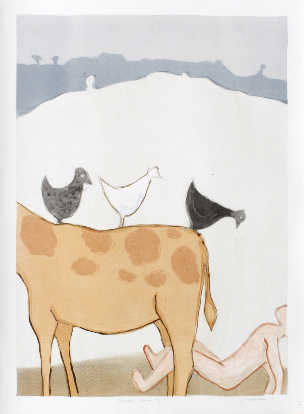 Bovine form with chickens on its back and a human figure below it set in a mountainous landscape