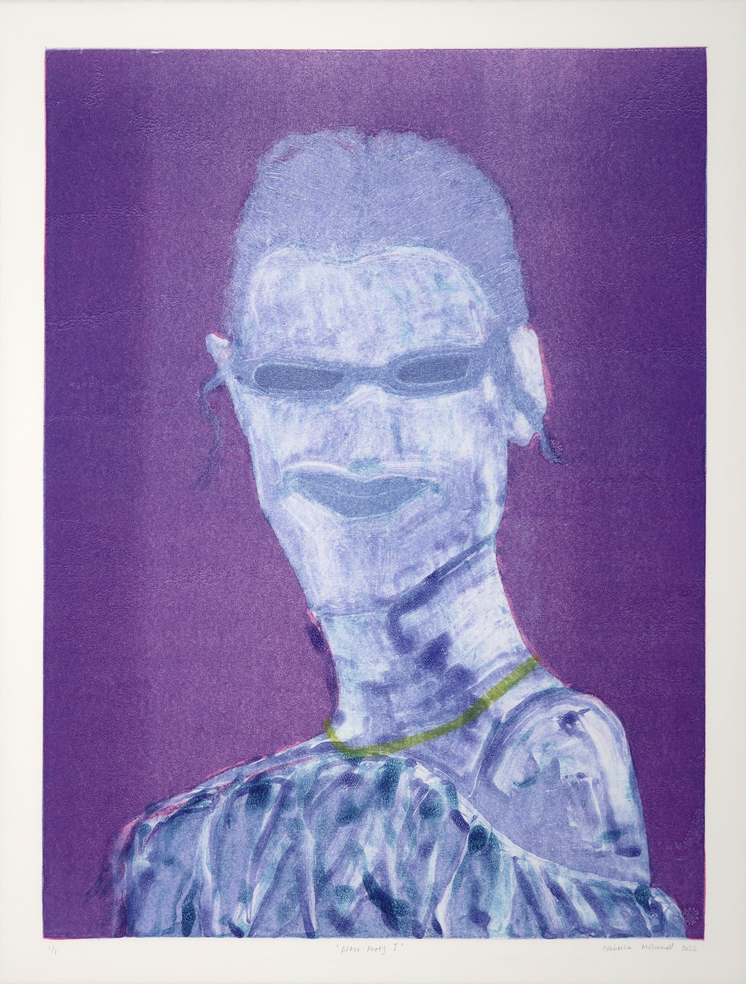 Monotype portrait of young woman with off the shoulder top by Nabeeha Mohamed
