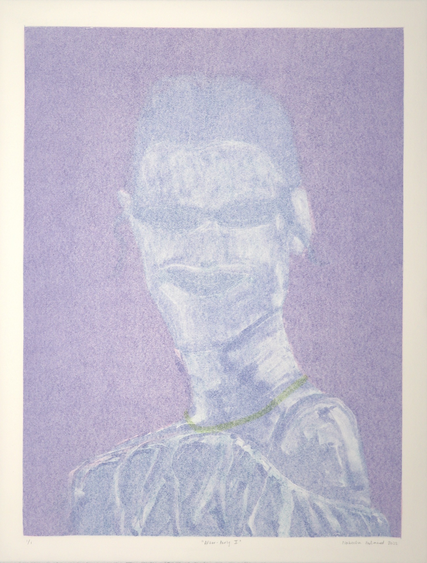 Monotype portrait of young woman in purples and blue by Nabeeha Mohamed