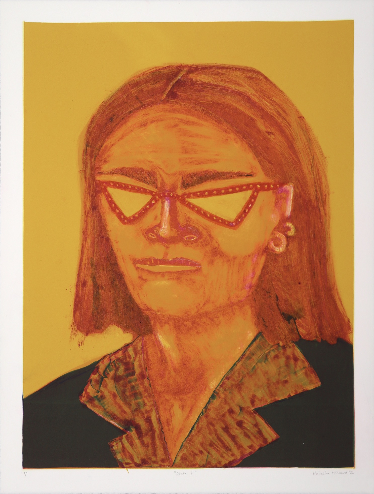 Head and shopulders monotype portrait of woman wearing sunglasses by Nabeeha Mohamed