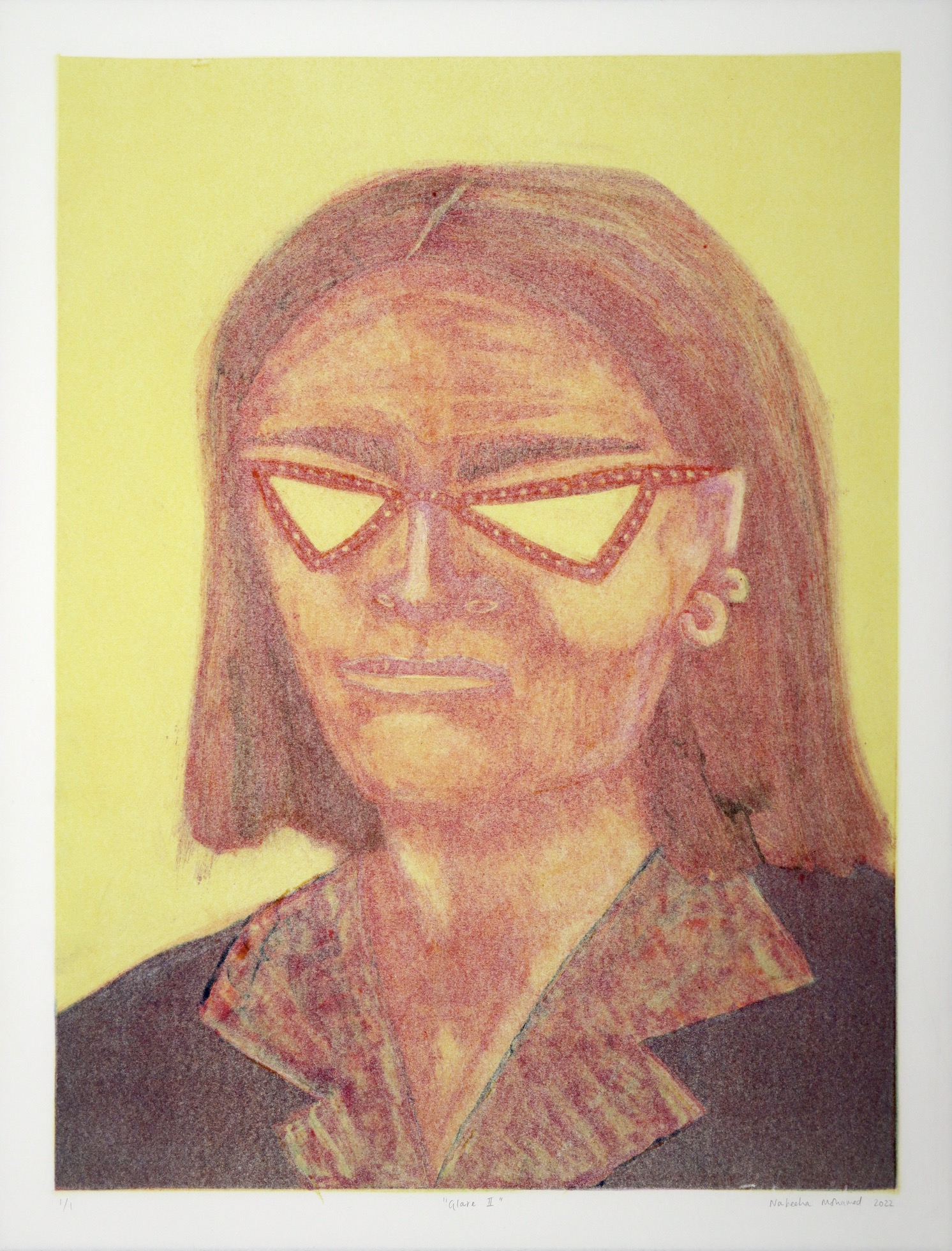 Monotype print of fashionable woman wearing sunglasses by Nabeeha Mohamed