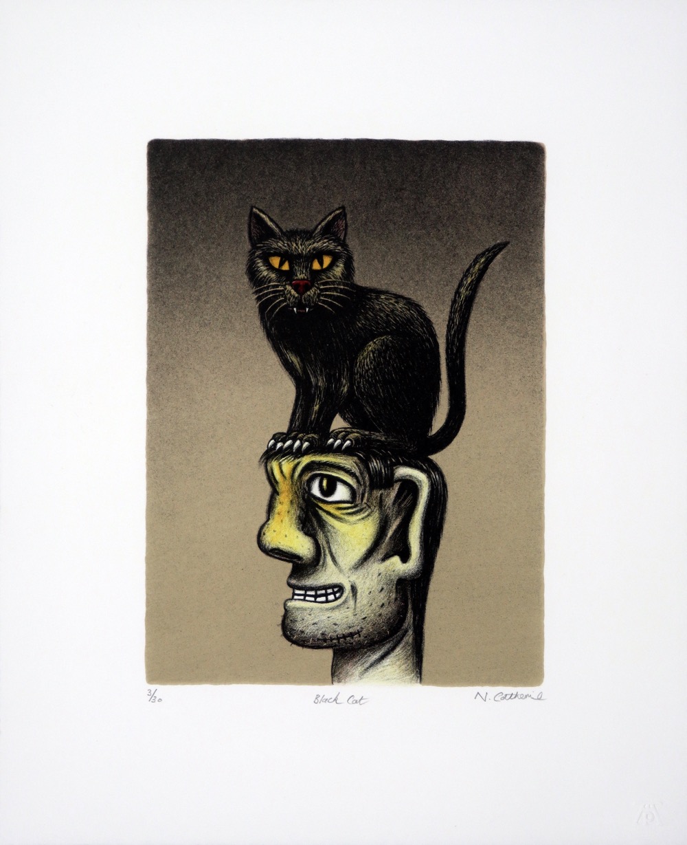 Man's head with scared face in profile with a black cat sitting on his head