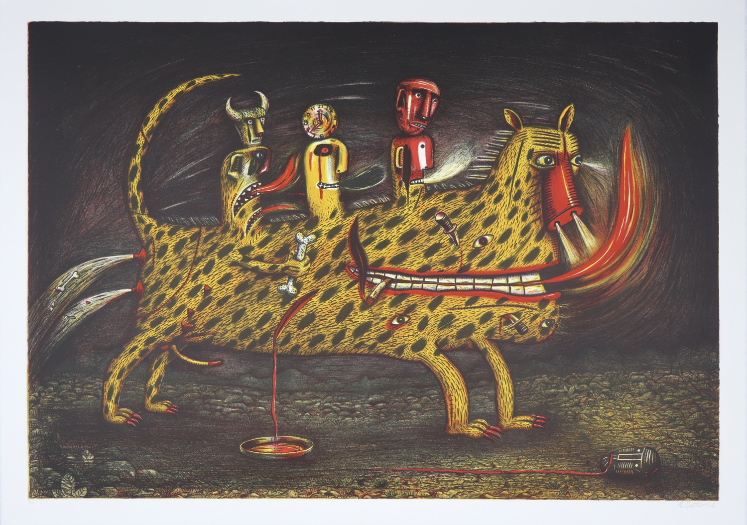 A spotted dog-like creature with multiple eyes being ridden by multi-headed animals.