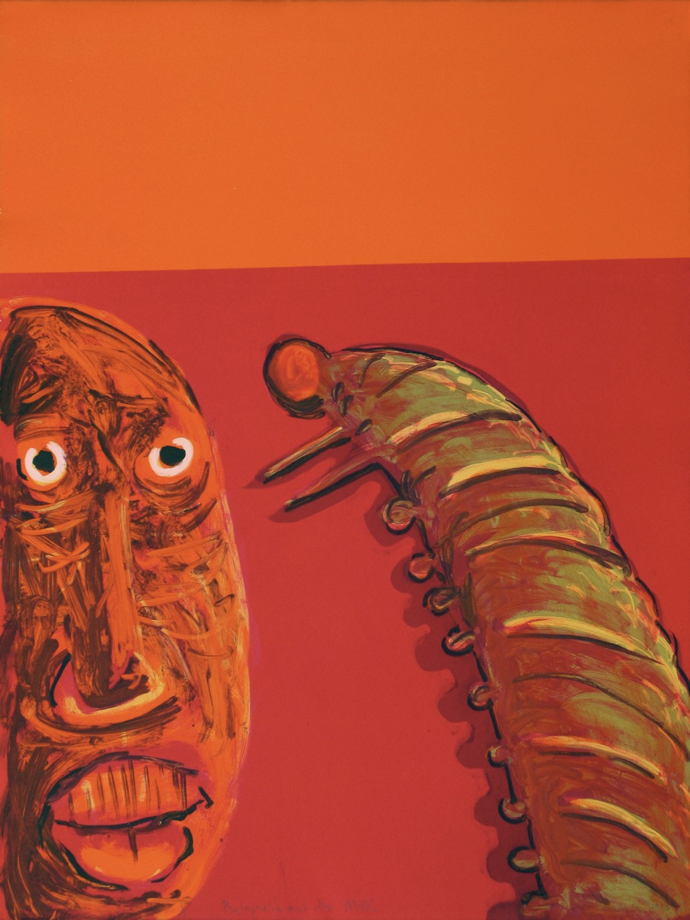 A man's face and a huge caterpillar facing each other in intense reds and orange colours.