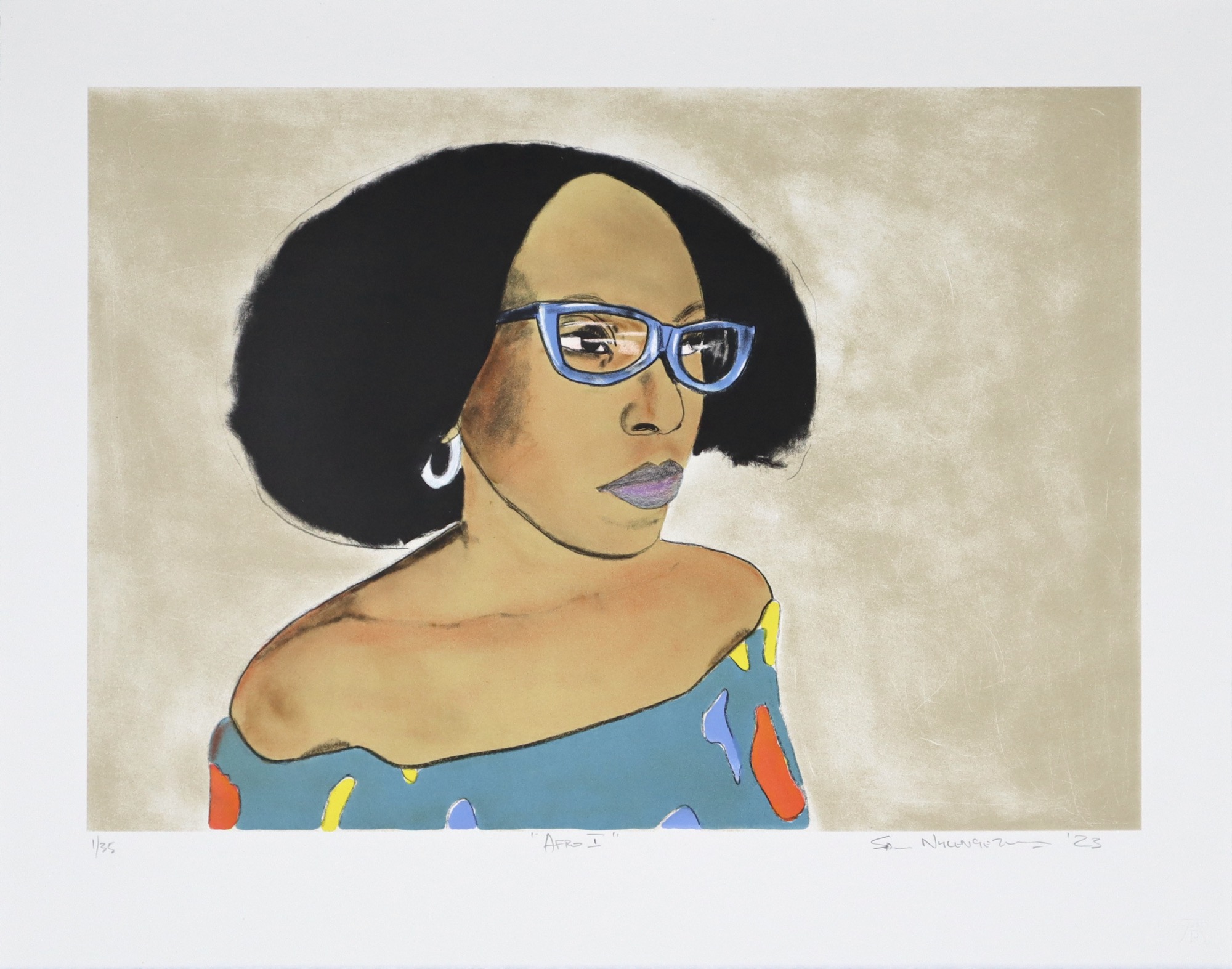 Sam Nhlengethwa young woman afro colour lithograph