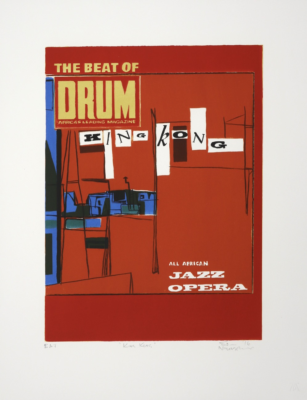 Red based abstract image with The Beat of Drum and All African Jazz Opera written on it.