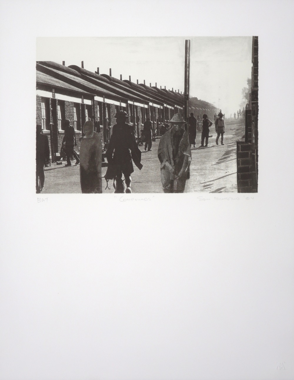 Collaged street scene of a row of Apartheid-era compounds for mine workers with people walking by