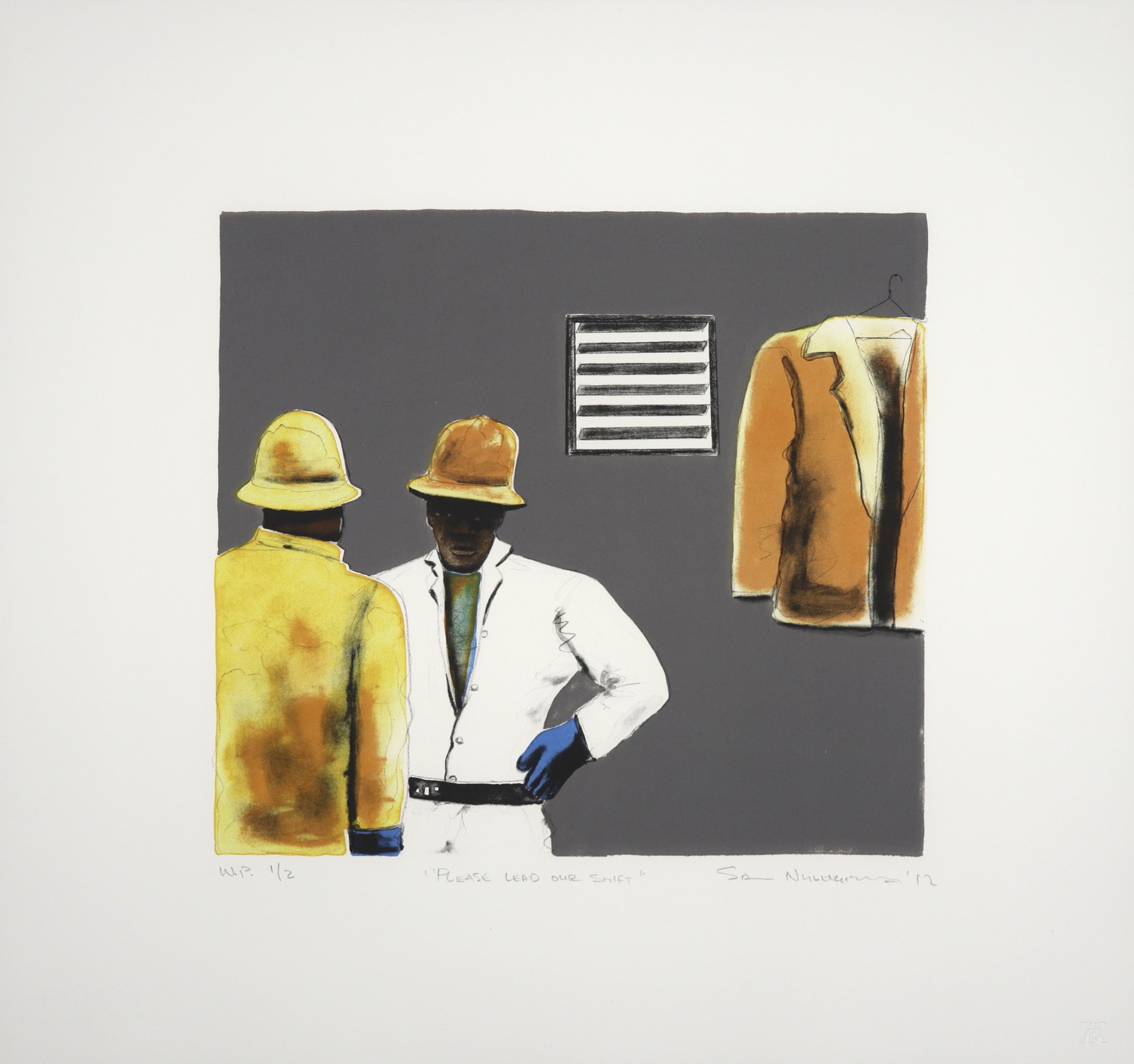 Two miners in overalls and hard hats talking to each other in grey walled room