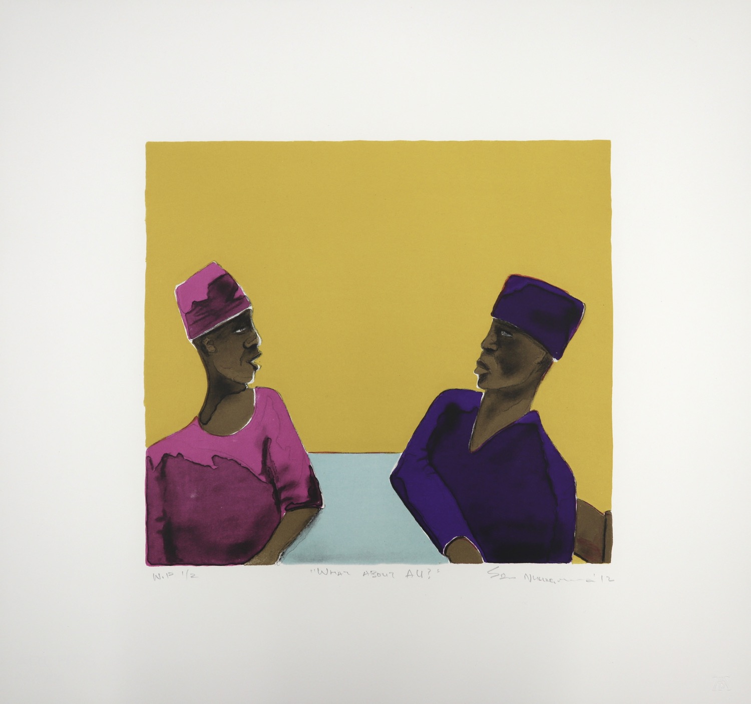 Two women in bright pink and purple clothing sitting across at a table with yellow background