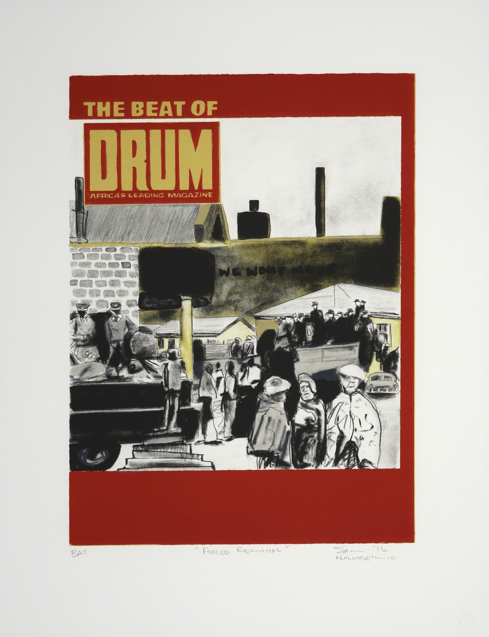 Handdrawn Drum Magazine cover with crowds of people, buildings and a truck