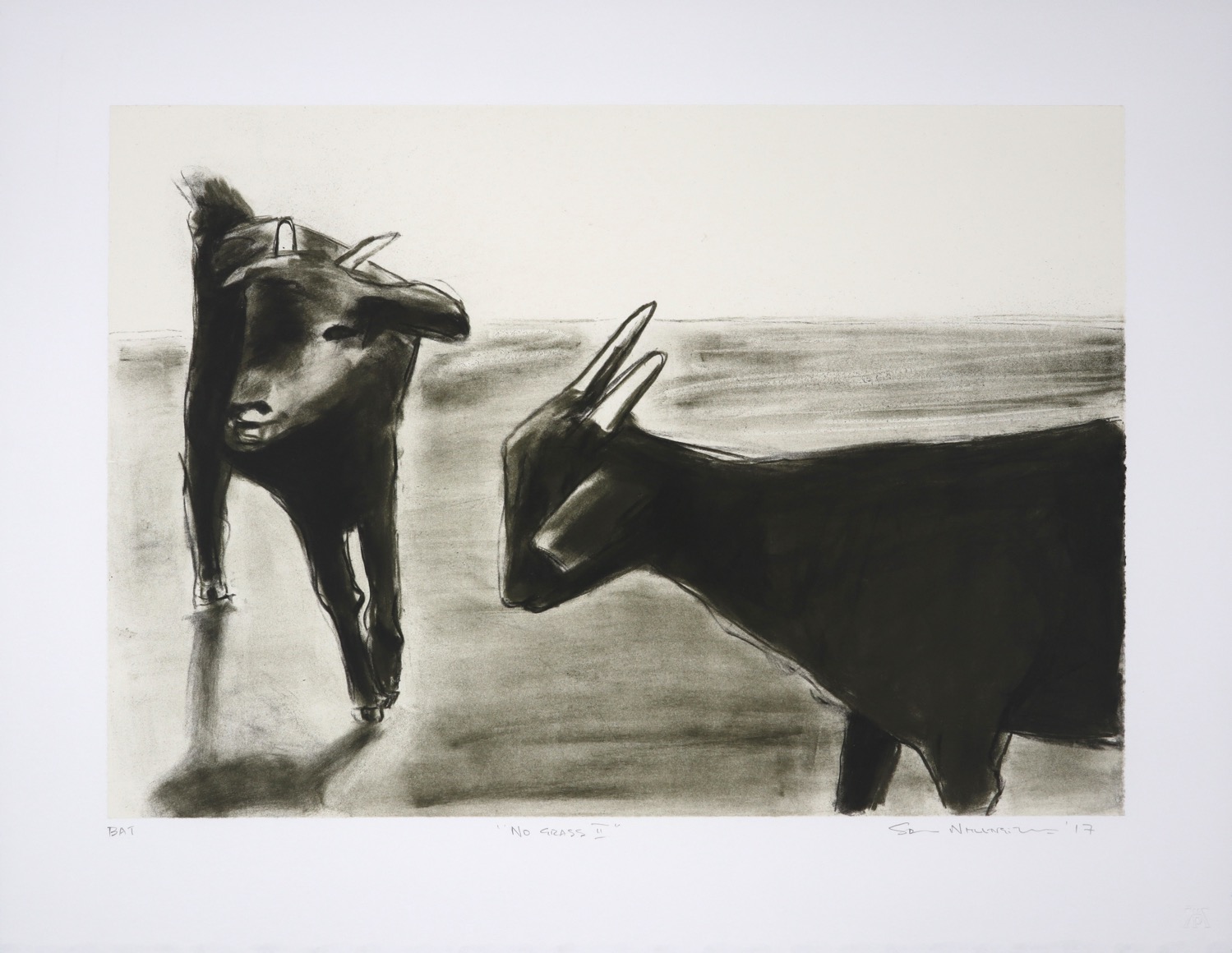 Two goats approaching each other drawn in soft black charcoal