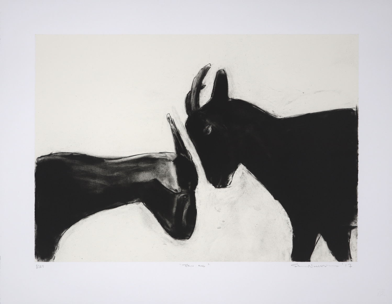Two goats in profile butting heads, dawn in rich charcoal black