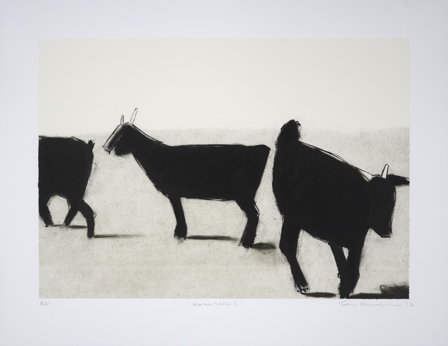 Three goats drawn in charcoal and simplifed to elegant forms set in bare landscape