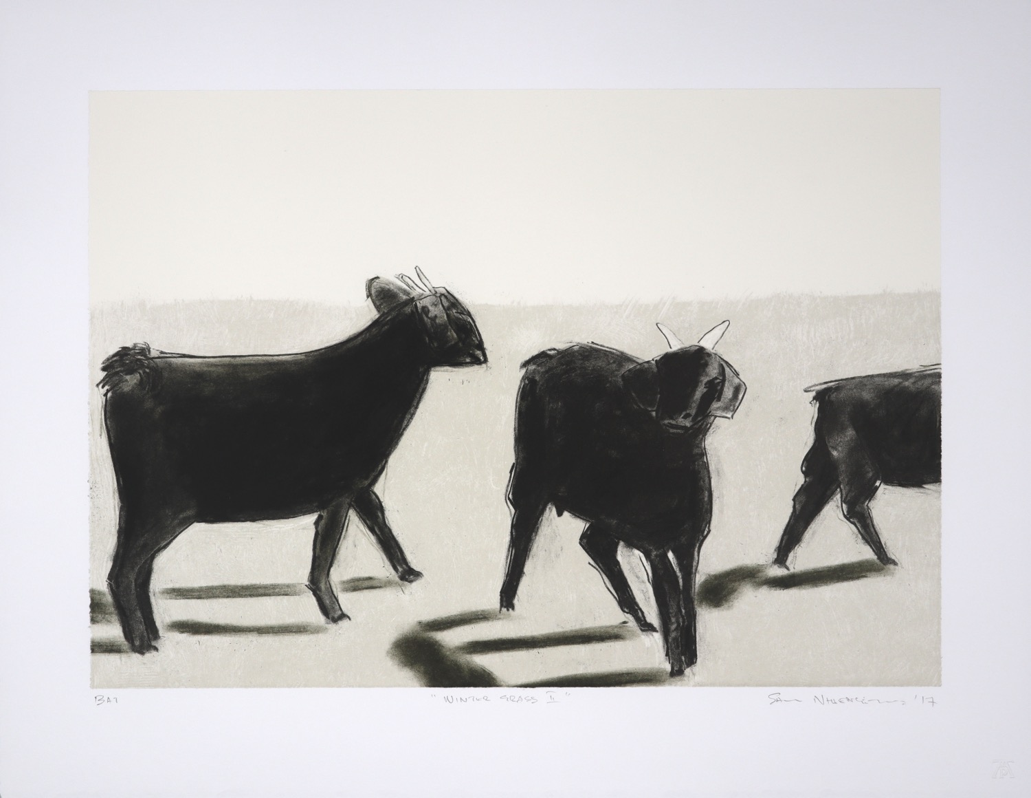 Three goats drawn in charcoal and simplified to elegant forms set in barren landscape