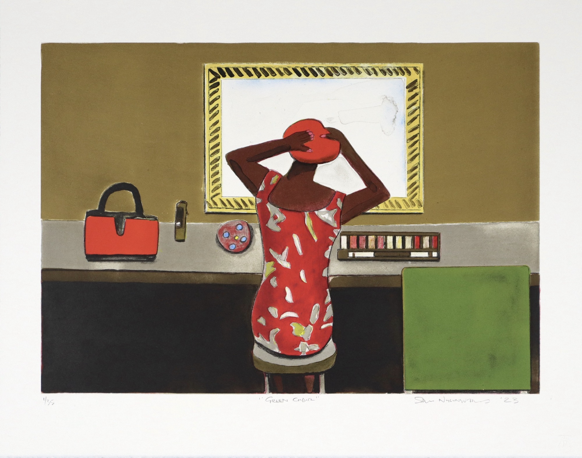 Sam Nhlengethwa woman doing make up in front of mirror lithograph print