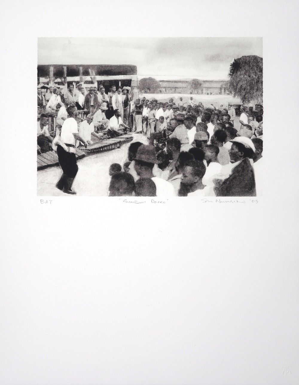Photo-litho collage of a group of men gumboot dancing and playing the marimbas in mine compound