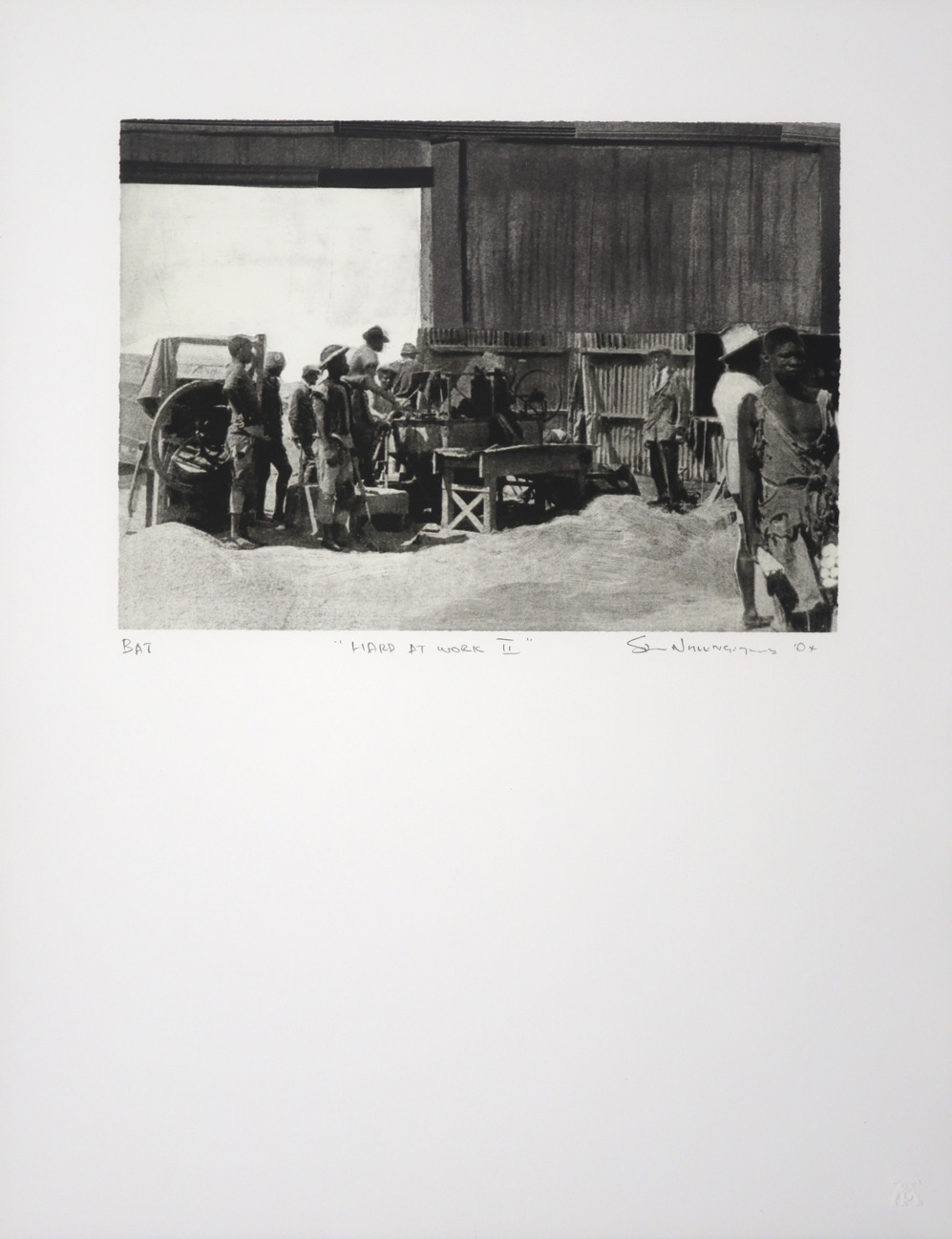 Group of male workers working with mounds of mined ore in outside space