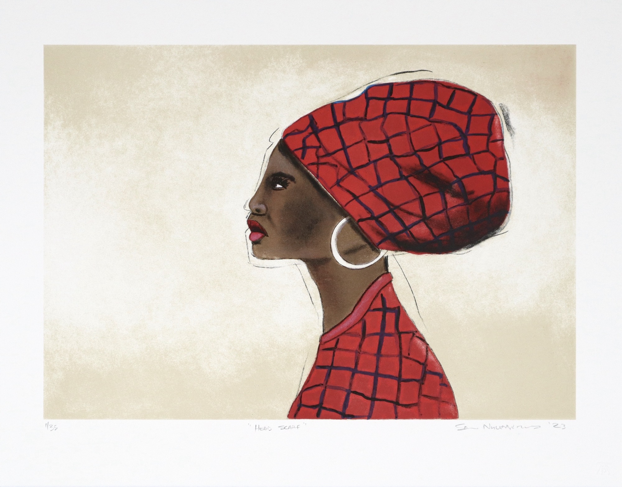 Sam Nhlengethwa woman in profile wearing red head scarf litho