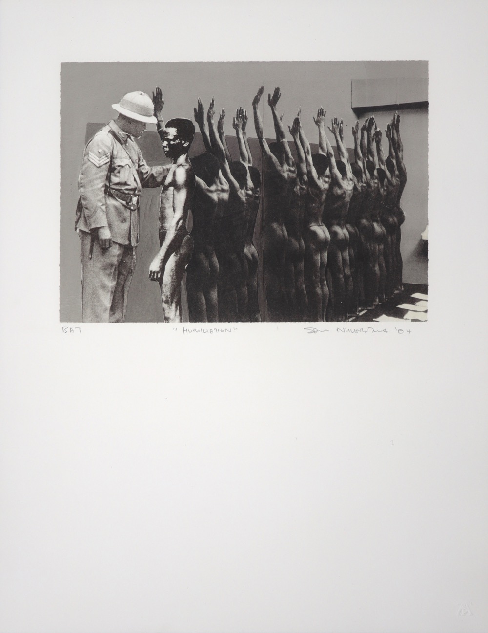 Policeman inspecting a row of naked miners standing up against a wall with arms above heads