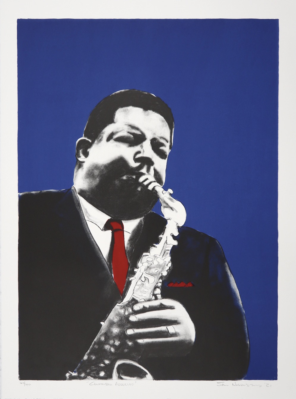 Hand-drawn print of Cannonball Adderley playing a saxophone focussing on the upper body and his left hand.