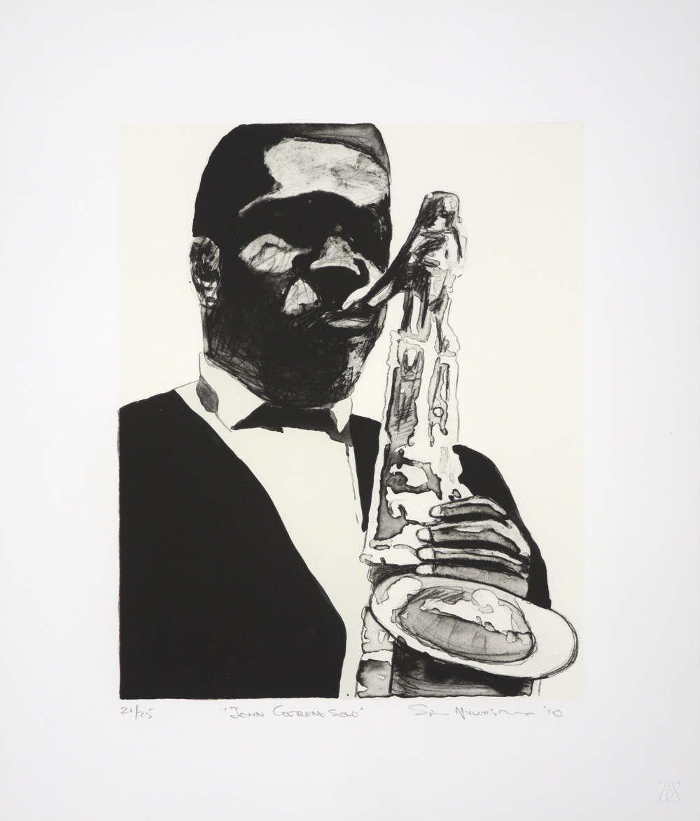 Head and shoulders litho of John Coltrane playing saxophone