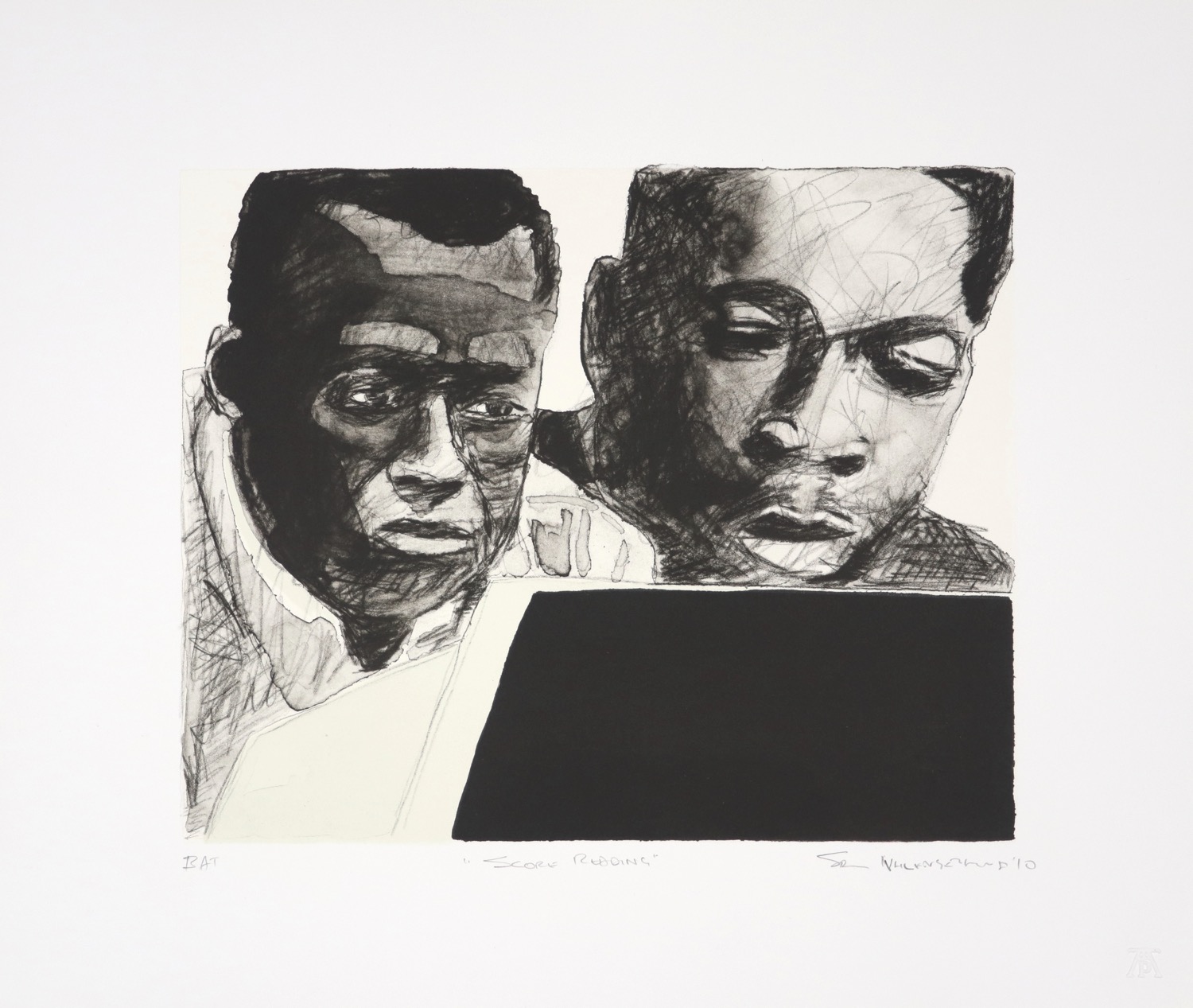 Lithograph of two men's heads behind music score.
