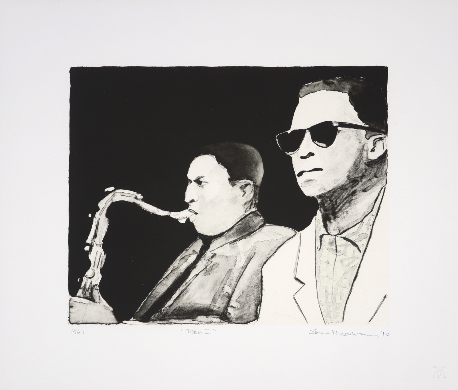 Two men's heads and shoulders facing into the frame, one playing the saxophone