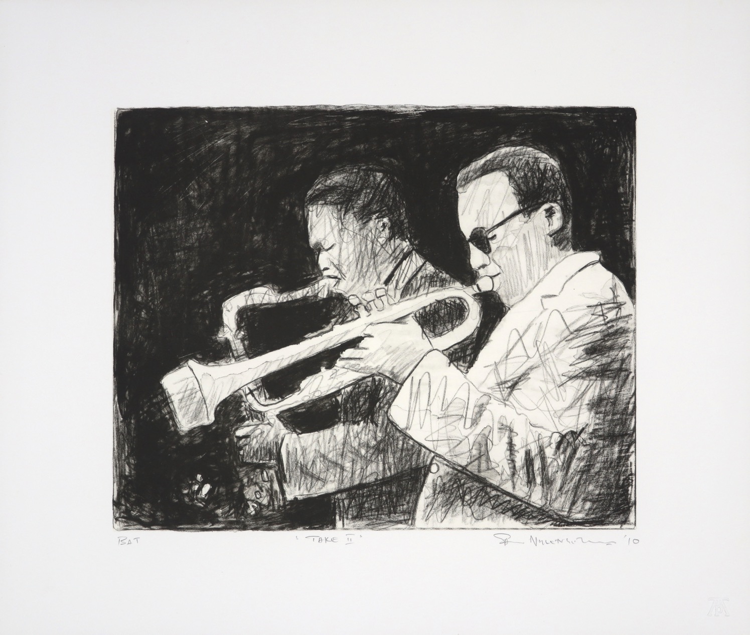 Profile drawing of two jazz musicians playing instruments on stage