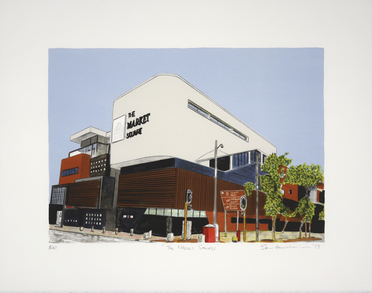 litho of street view of The Market Square building with trees, traffic lights and signage