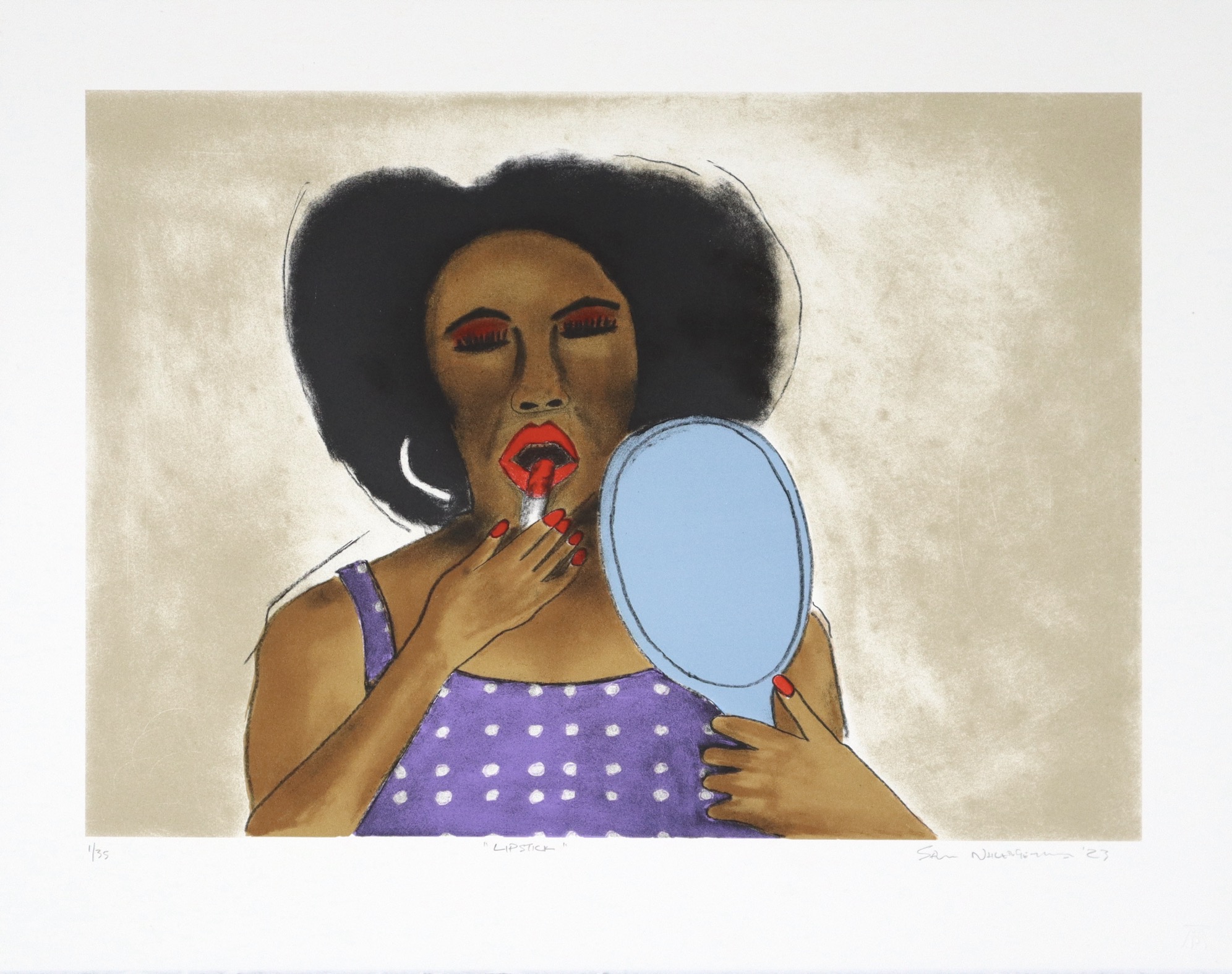 Sam nhlengethwa woman applying lipstick looking at mirror colour lithograph