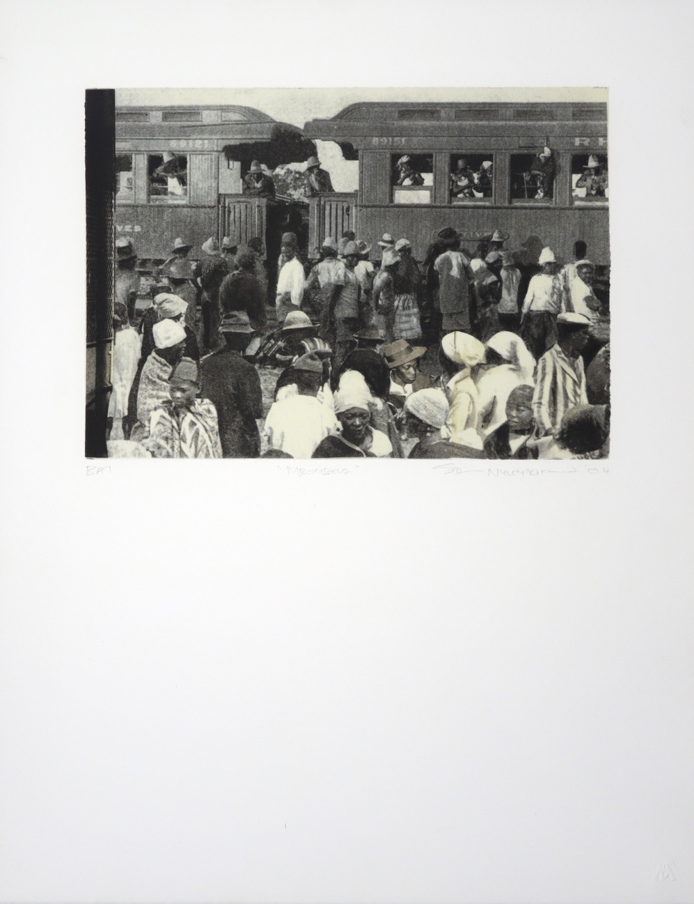 Crowded mid-twentieth century train platform with passengers and train