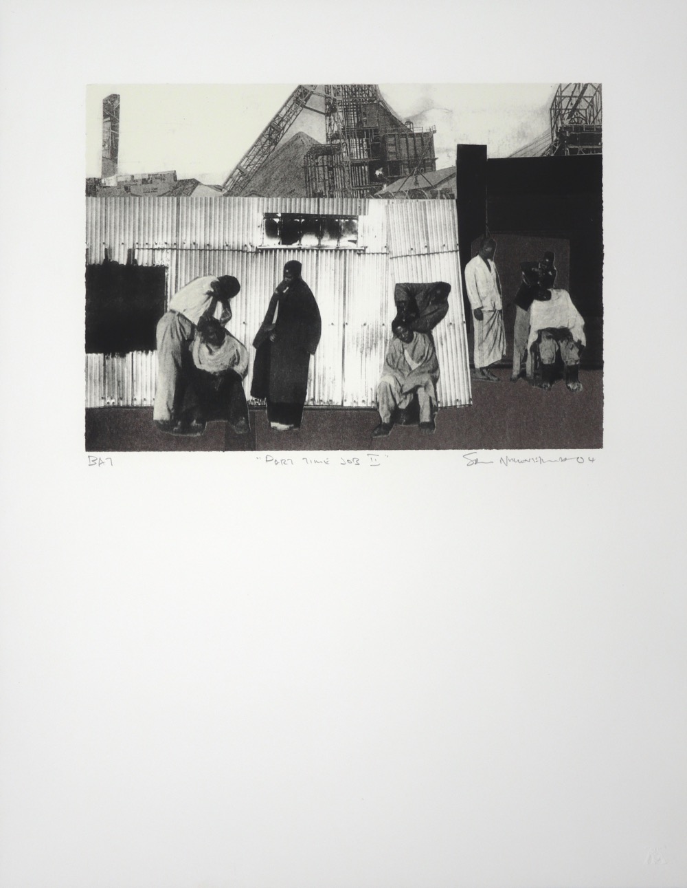 Three outdoor barbers cutting hair with corrugated iron fencing and mining apparatus behind them