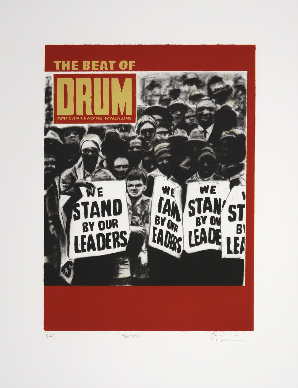 Litho of Drum magazine cover with protesting crowd holding placards on it.