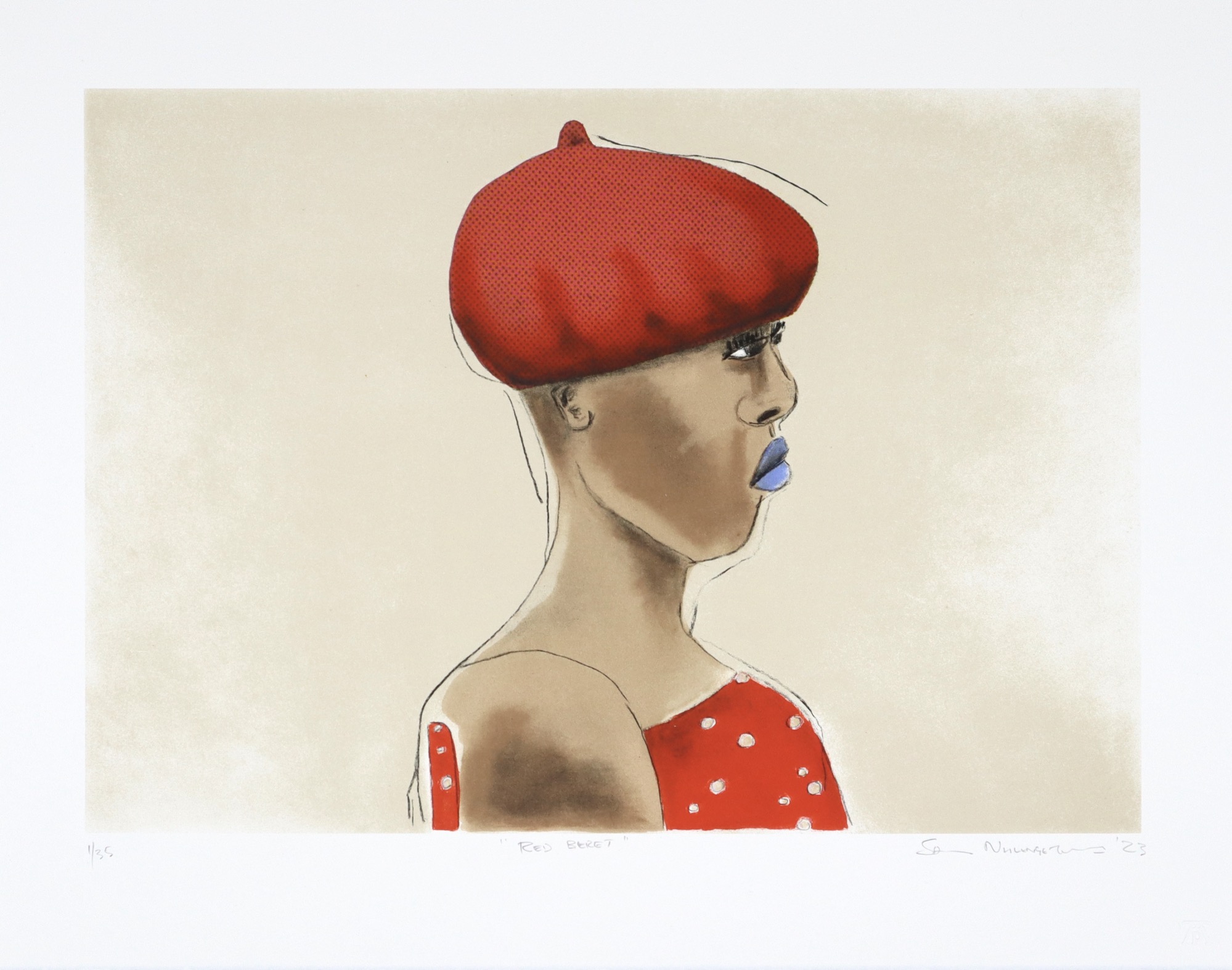 Sam Nhlengethwa woman in profile wearing red beret and blue lipstick, colour lithograph