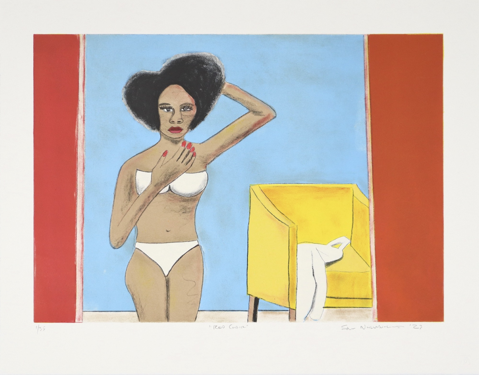 Colour lithorgaph by Sam Nhlengethwa of woman in underwear facing viewer