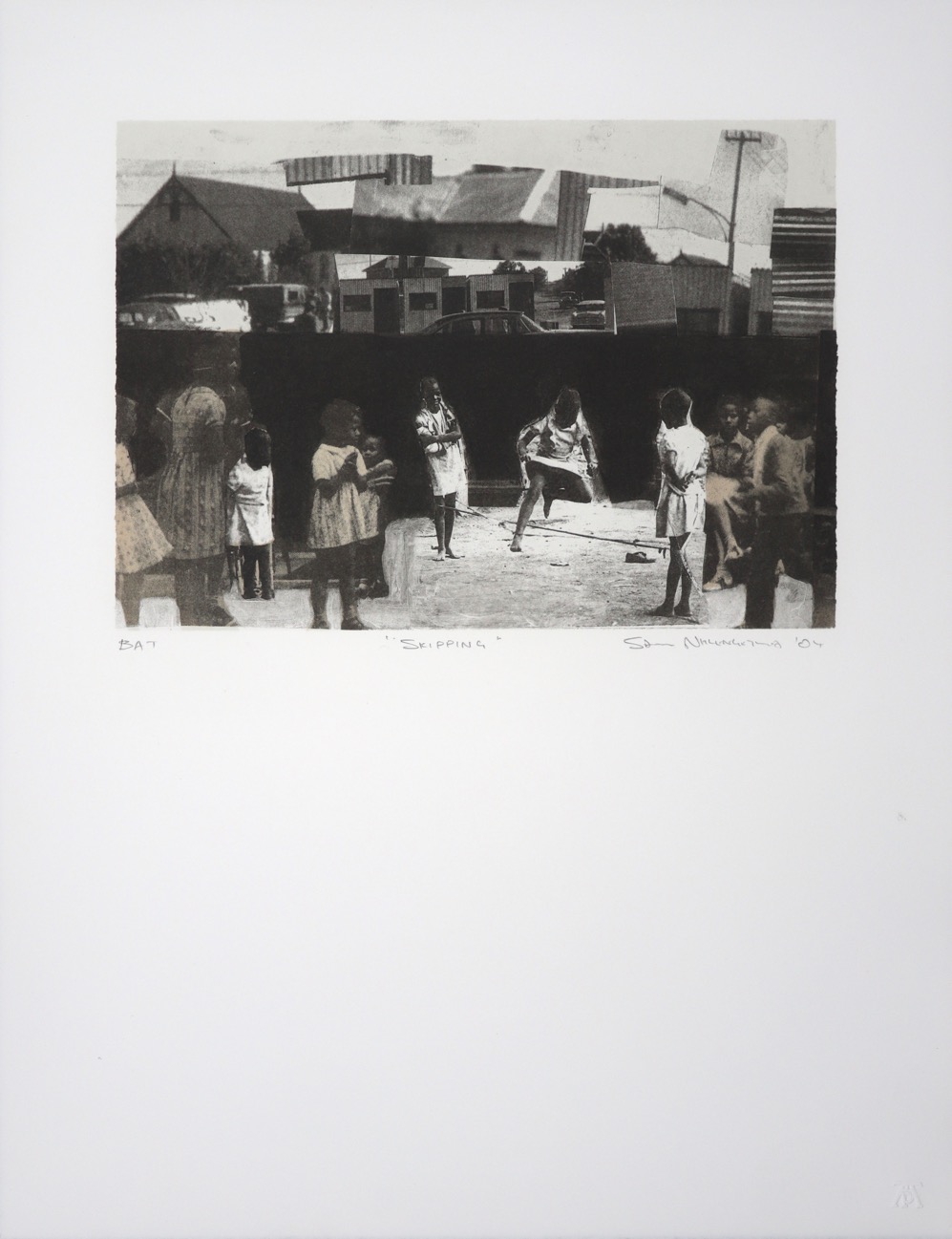 Collaged image of a group of girls skipping with crowded buildings in background