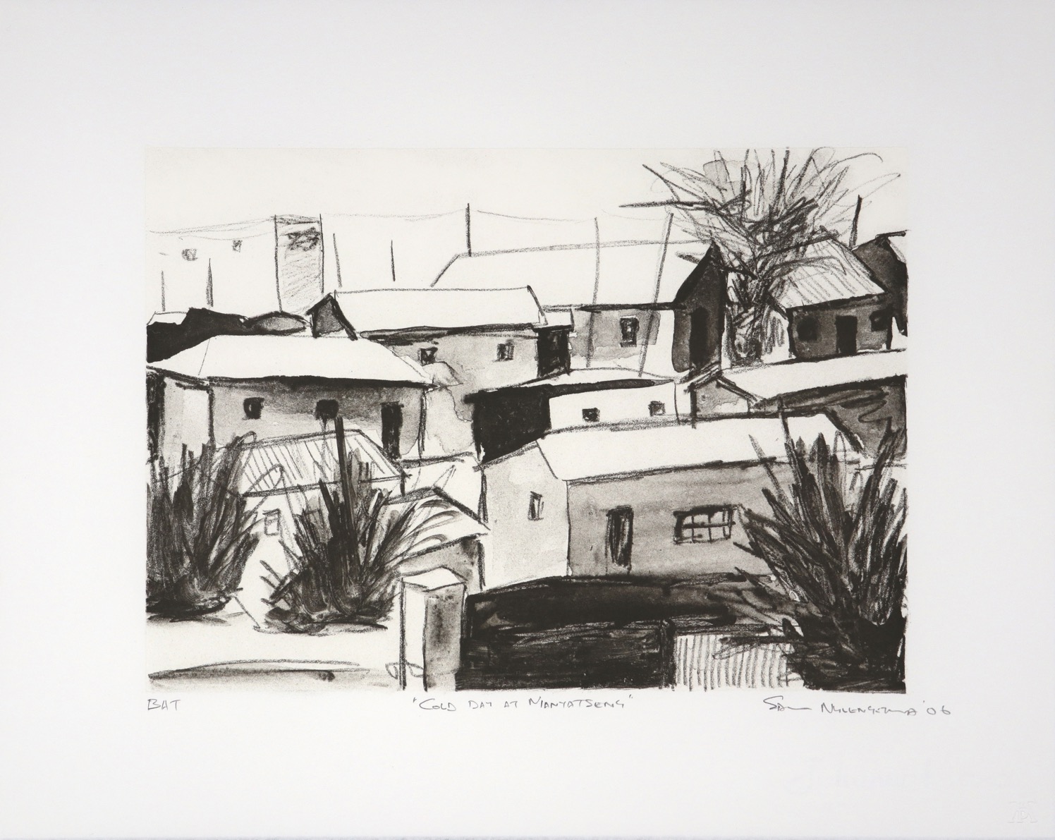 Monochrome lithograph print of tightly clustered South African township homes