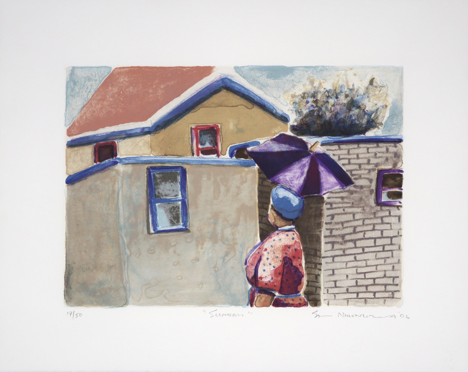 Woman with purple umbrella walking past South African township homes