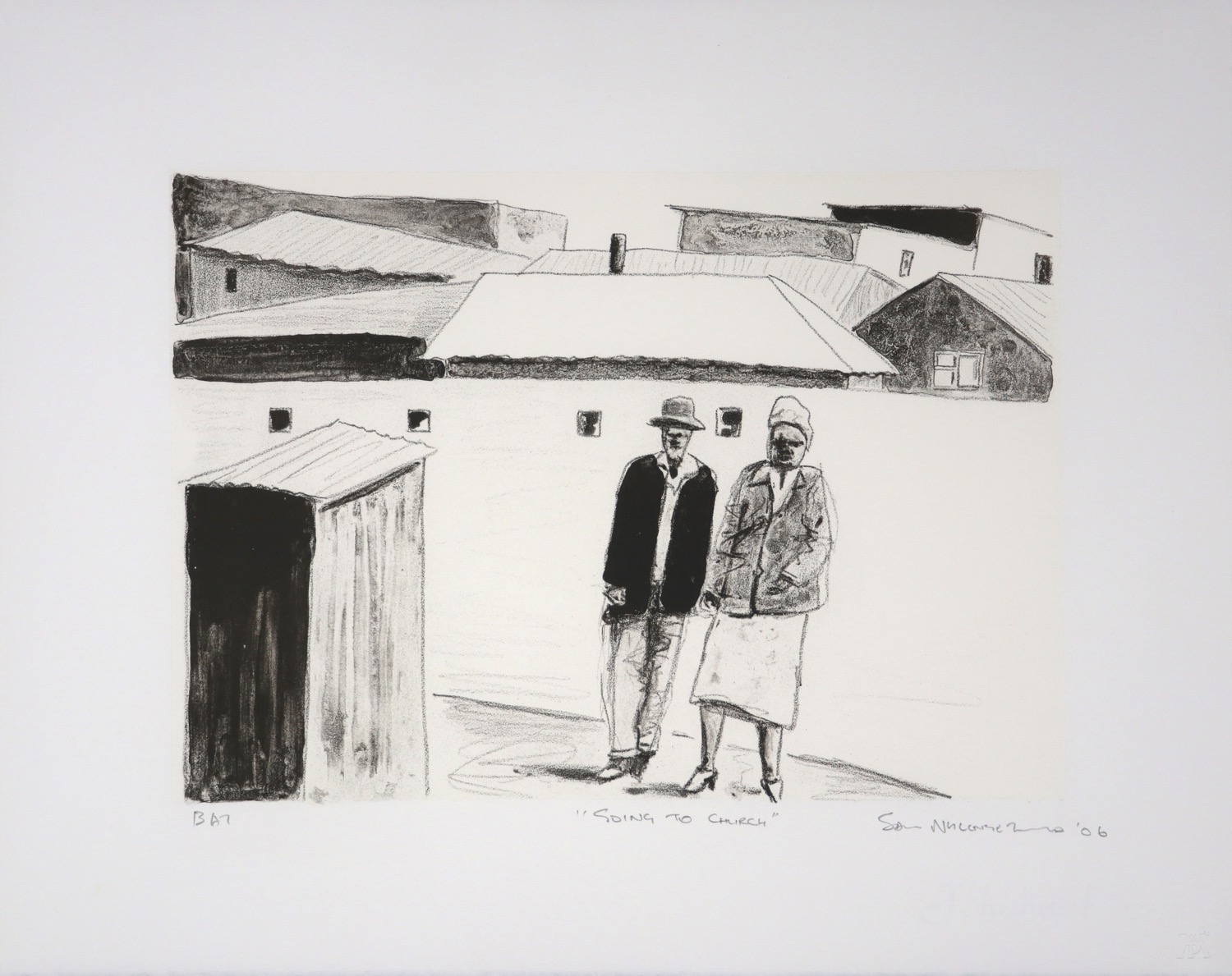 Litho of a smartly dressed couple walking to church through township streets