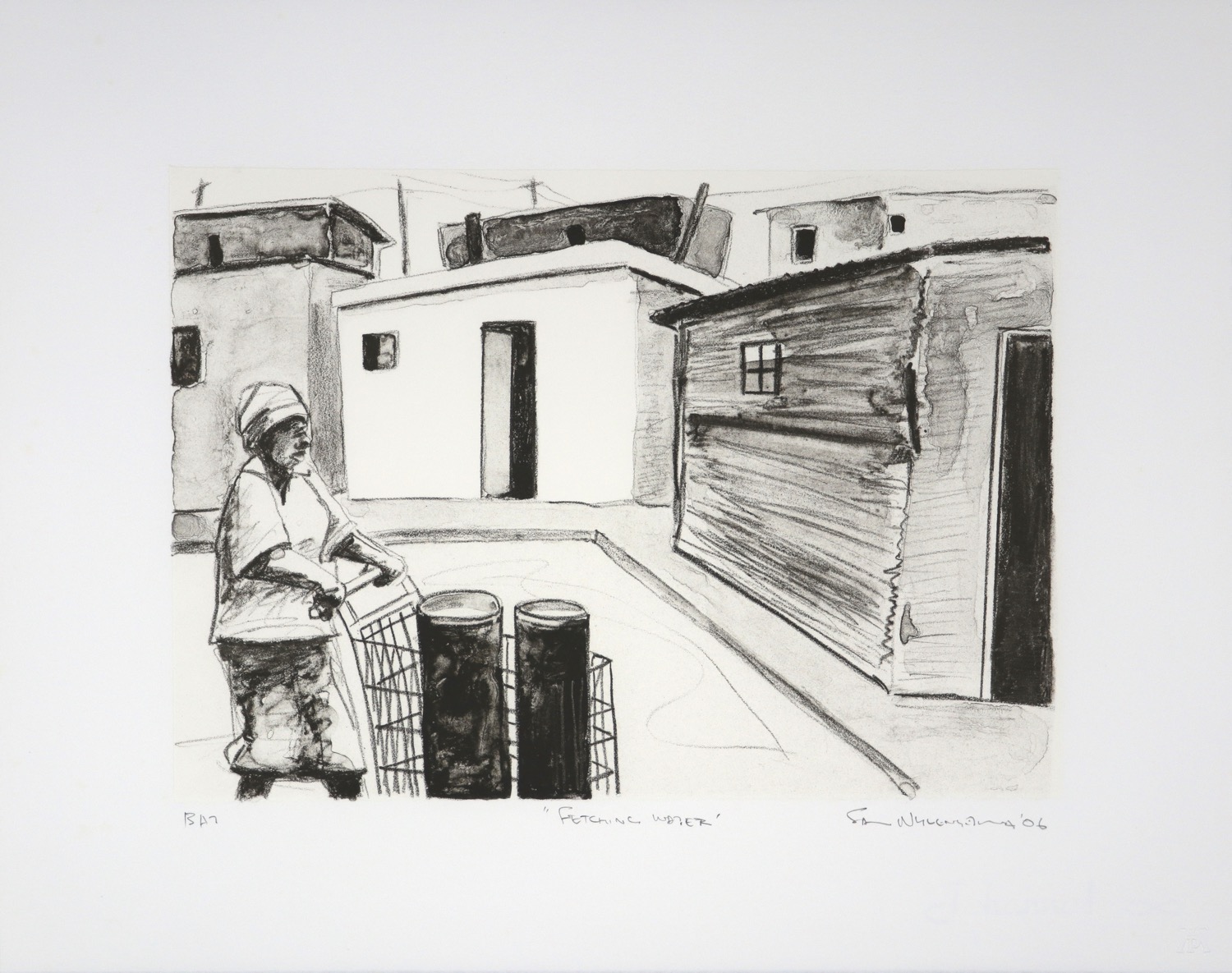 Monochrome lithograph of a woman with trolley fetching water in a South African township