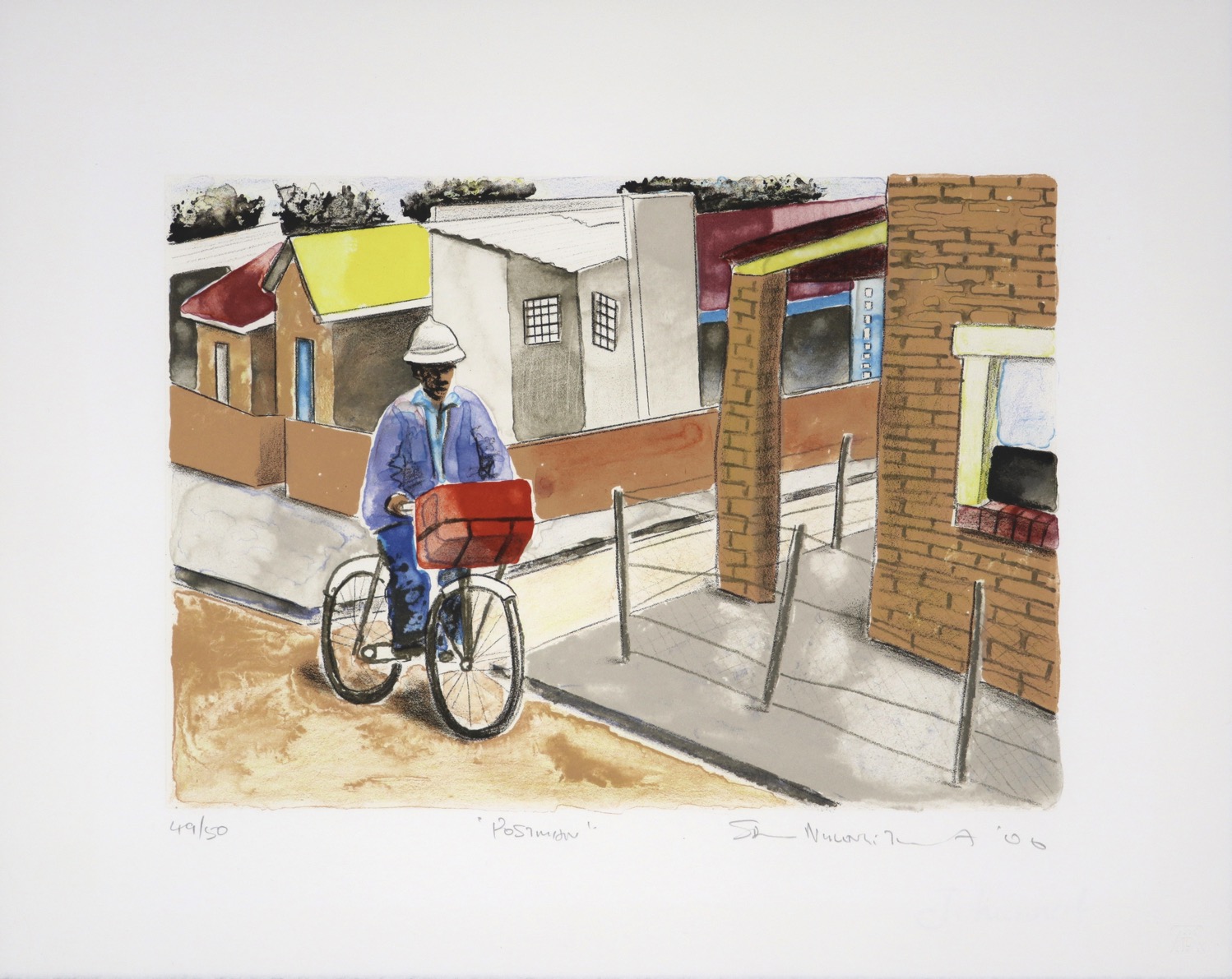 Lithograph of a postman delivering post on his bicycle in a South African township