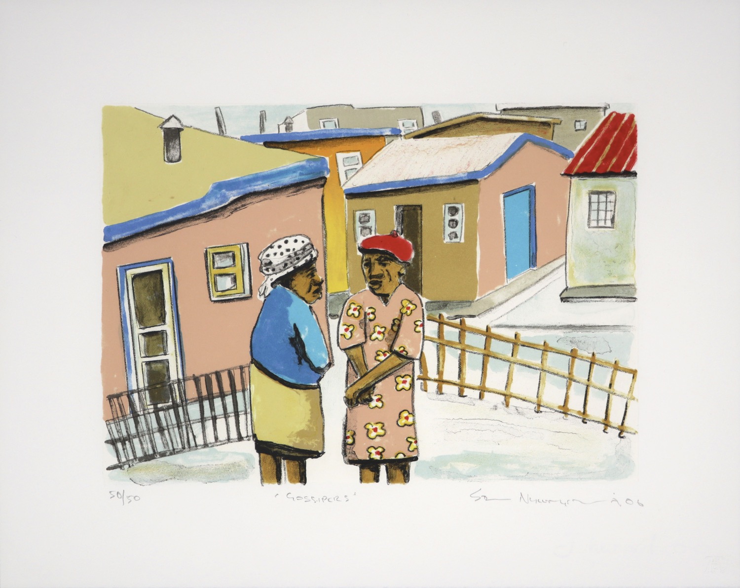 Two elderly women in the foreground talking with South African township scene behind them