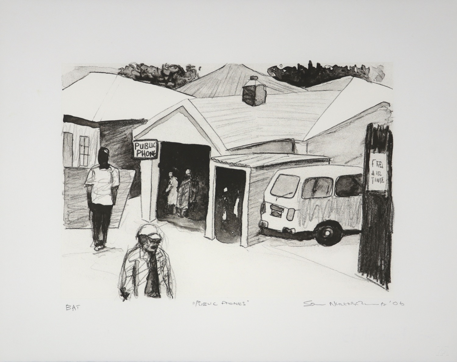 Monochromatic litho of a home garage based public phone service in a South African township