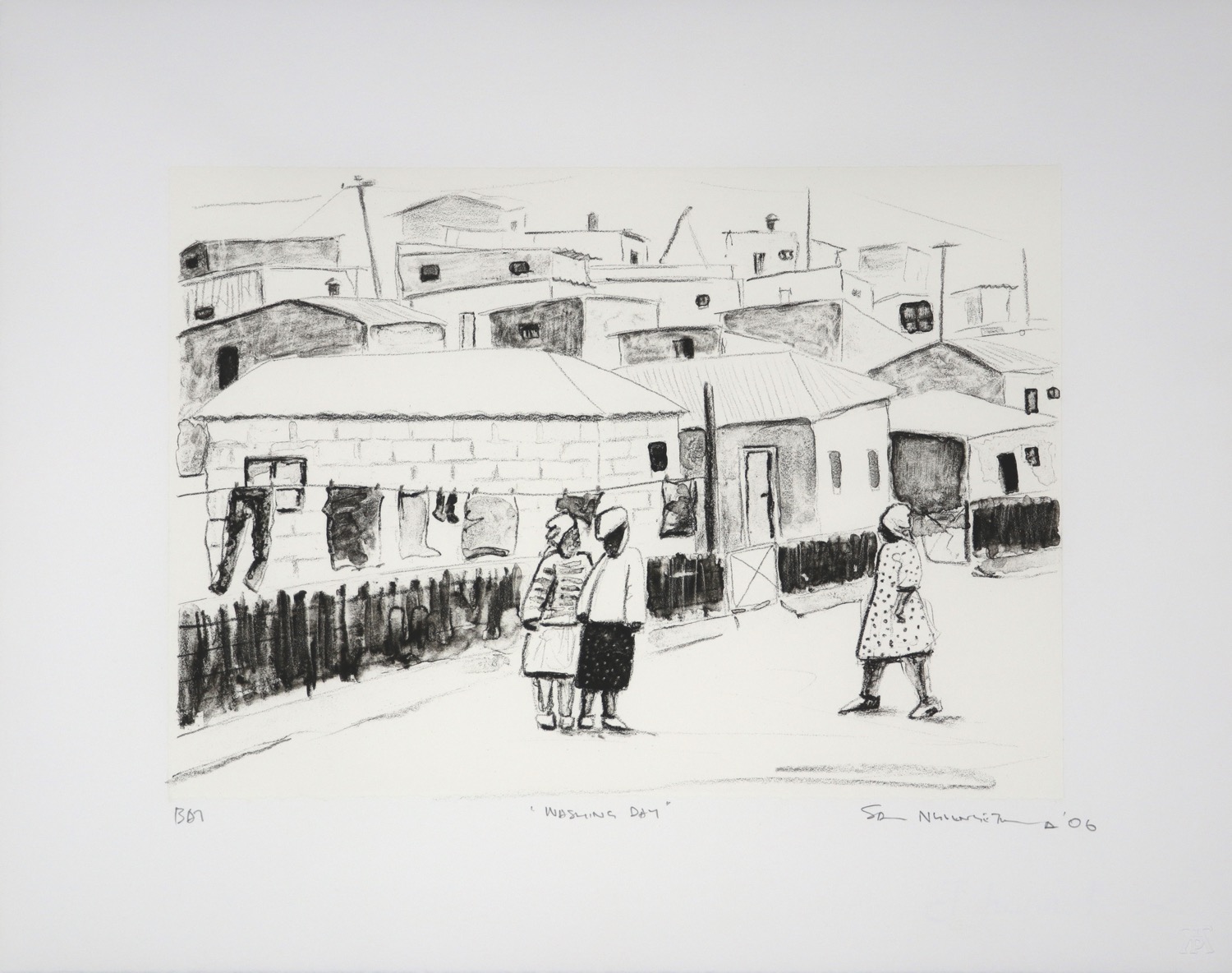 Print of a South African township scene with woman, laundry line and buildings