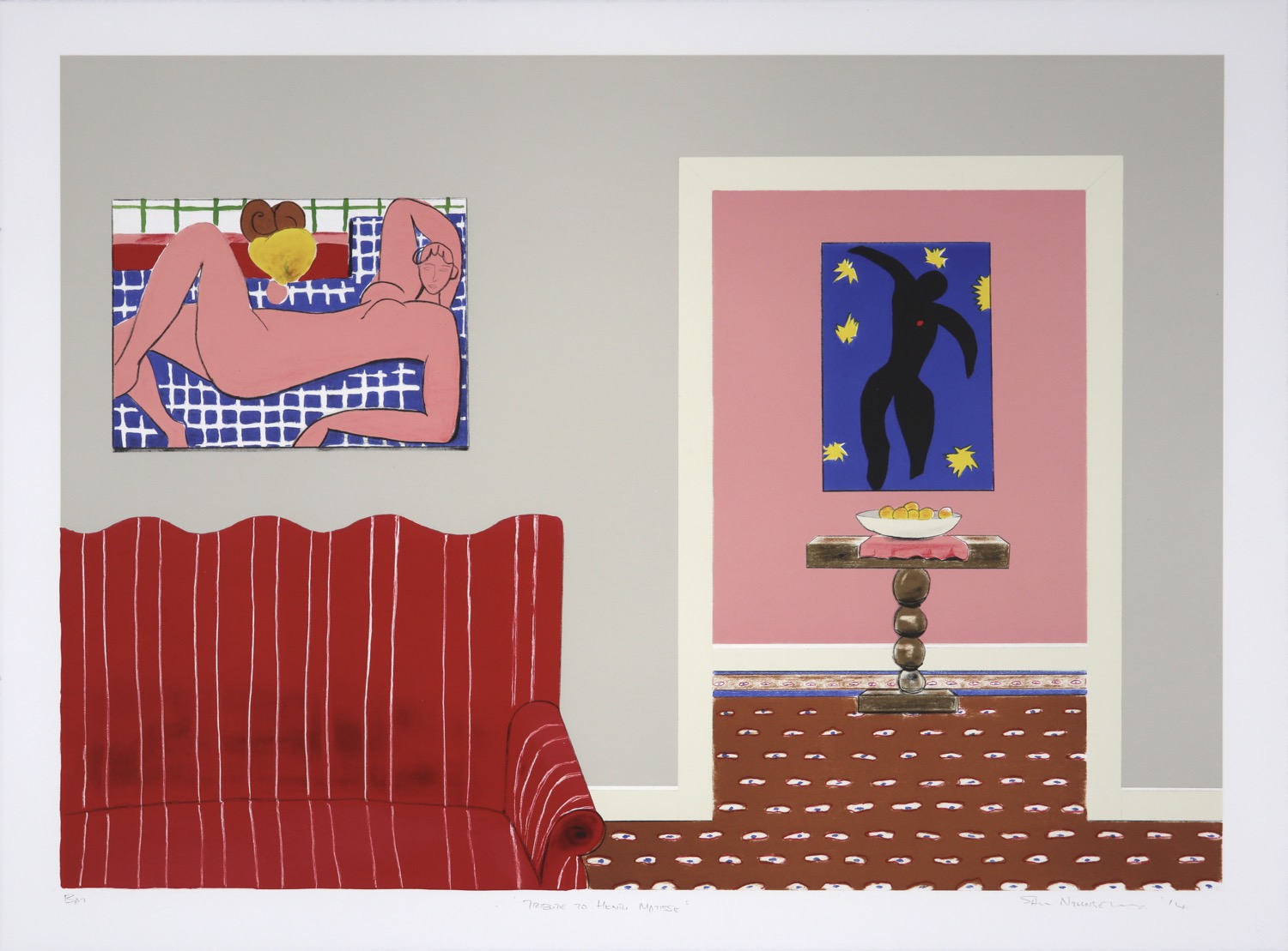 Matisse inspired interior of room with red couch and maroon carpet