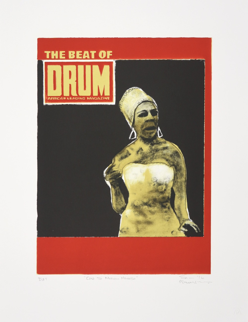 Lithograph of Drum Magazine cover with drawing of singer Miriam Makeba on it.