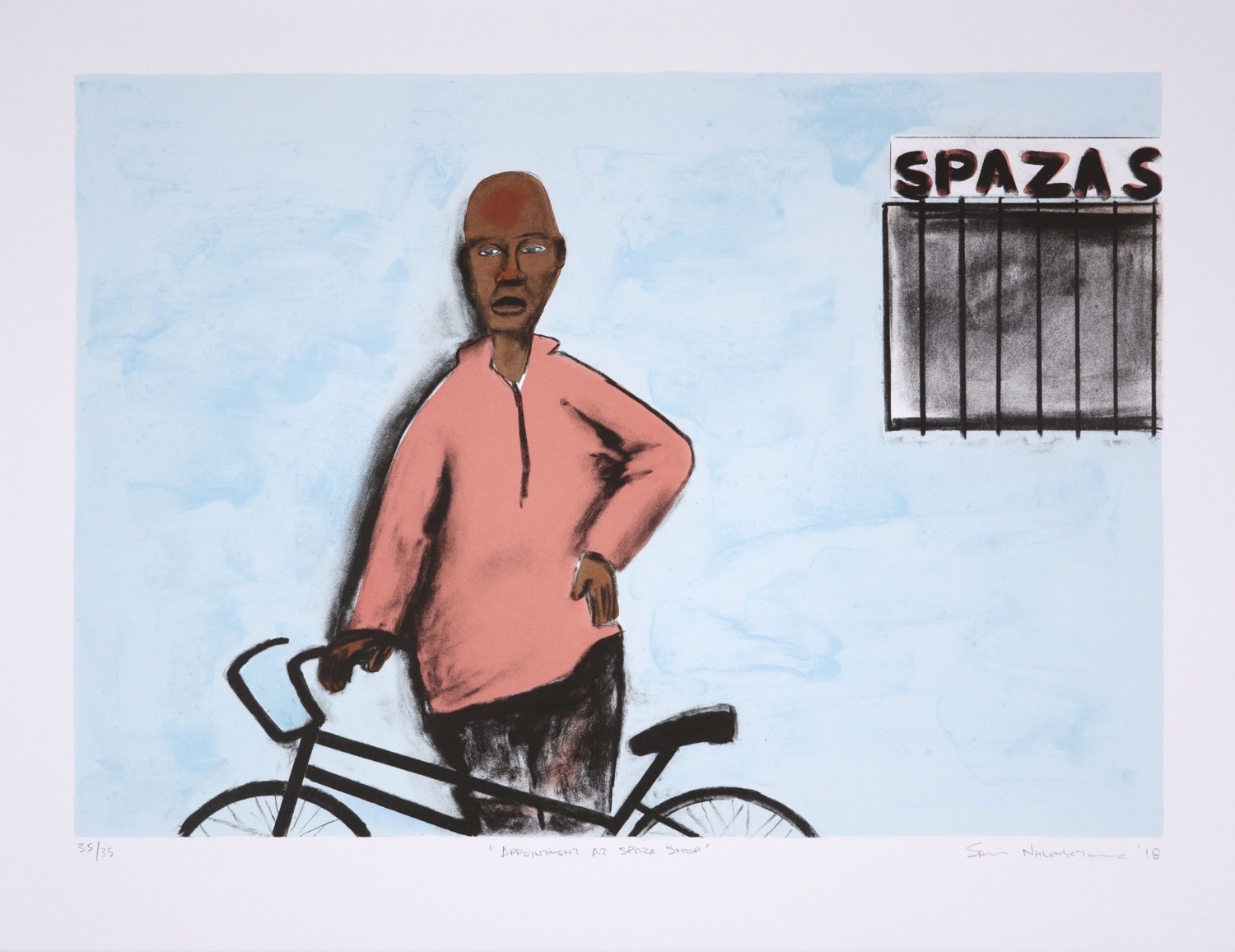 A man standing with his bicycle next to a barred spaza shop window.