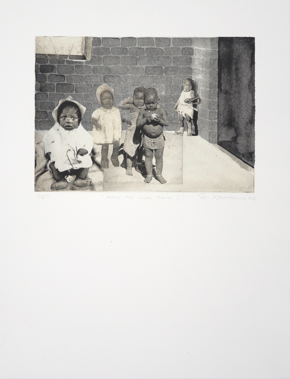 Collaged image of five babies and toddlers inside brick walled yard